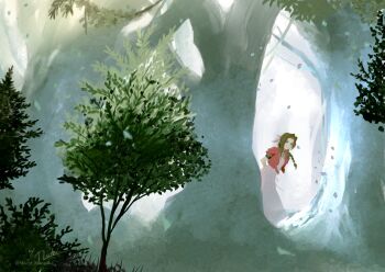 1girl aerith_gainsborough arms_behind_back braid braided_ponytail brown_hair choker closed_mouth dress falling_leaves final_fantasy final_fantasy_vii final_fantasy_vii_rebirth final_fantasy_vii_remake flower_choker forest green_eyes hair_ribbon highres jacket leaf leaning_forward long_dress long_hair looking_at_viewer mochi_mangaka nature outdoors parted_bangs pink_dress pink_ribbon puffy_short_sleeves puffy_sleeves red_jacket ribbon short_sleeves sidelocks signature single_braid smile solo sunlight tree twitter_username