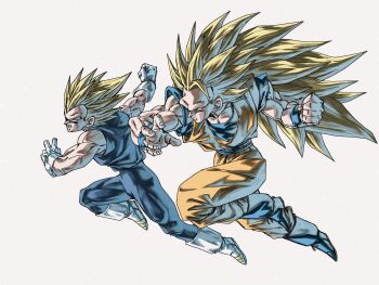 2boys absurdres blonde_hair blue_boots blue_eyes blue_pants blue_shirt boots charging_forward clenched_hand clenched_teeth commentary dougi dragon_ball dragonball_z flying gloves highres long_hair looking_ahead male_focus multiple_boys muscular muscular_male nazunnio1225 no_eyebrows orange_pants orange_shirt outstretched_arms pants shirt simple_background sleeveless sleeveless_shirt son_goku spiked_hair super_saiyan super_saiyan_2 super_saiyan_3 teeth vegeta very_long_hair white_background white_boots white_gloves wristband