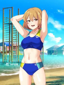 1girl armpits arms_behind_head bandaid bandaid_on_face beach bikini blue_bikini blue_sky breasts brown_eyes brown_hair cloud cowboy_shot day house kantai_collection medium_breasts navel north1220japan oboro_(kancolle) outdoors presenting_armpit short_hair sky solo sports_bikini swimsuit tankini tirasi_(so)