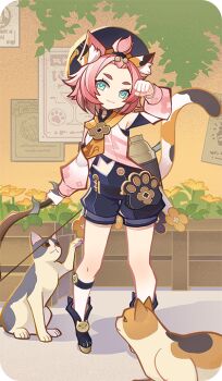 1girl animal_ears aqua_eyes bad_source black_boots black_hat boots bow_(weapon) cat cat_ears cat_girl cat_tail closed_mouth diona_(genshin_impact) forehead genshin_impact hand_up hat holding holding_bow_(weapon) holding_weapon long_sleeves looking_at_viewer official_art pink_hair shadow short_hair shorts smile solo standing tail thick_eyebrows weapon