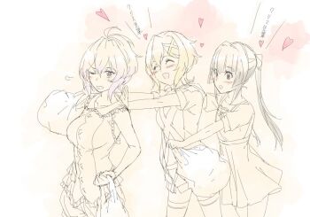 3girls akatsuki_kirika behind_another black_outline character_request closed_eyes high_ponytail medium_hair mokutan_mmmm multiple_girls one_eye_closed open_mouth outline pink_theme ponytail senki_zesshou_symphogear tsukuyomi_shirabe white_background yukine_chris