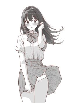 1girl blush bow bowtie collared_shirt commentary_request cowboy_shot floating_hair greyscale hand_up highres long_hair miniskirt monochrome original panties pantyshot parted_lips pleated_skirt raisu_rice school_uniform shirt shirt_tucked_in short_sleeves simple_background skirt solo standing underwear variant_set wind wind_lift