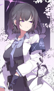 1girl armband black_armband blue_archive braid coat dress_over_shirt gloves grey_shirt half_gloves halo highres looking_to_the_side necktie open_clothes open_coat purple_halo purple_necktie sam_szero shirt short_braid short_hair side_braid solo subaru_(blue_archive) white_coat