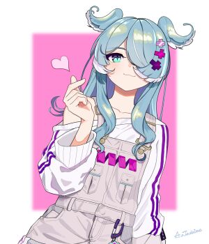 Rule 34 | 1girl, :3, aka tadaima, blue eyes, blue hair, border, closed mouth, collarbone, commentary, elira pendora, grey overalls, hair over one eye, head wings, heart, highres, long hair, long sleeves, looking at viewer, nijisanji, nijisanji en, overalls, shirt, solo, symbol-only commentary, upper body, virtual youtuber, white border, white shirt, wings