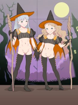 2girls blonde_hair blue_hair blush bottomless breasts castle cleft_of_venus flat_chest gloves halloween halloween_costume hat loli long_hair looking_at_viewer moon multiple_girls no_panties original see-through_clothes small_breasts staff tagme takatou_sora thighhighs witch_hat