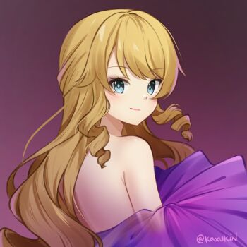 1girl album_cover_redraw back bare_back bare_shoulders blonde_hair blue_eyes commentary derivative_work dress drill_hair drill_sidelocks english_commentary genshin_impact highres kaxukin long_hair looking_at_viewer navia_(genshin_impact) purple_background sidelocks smile solo strapless strapless_dress taylor_swift upper_body very_long_hair