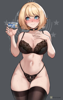 1girl absurdres averting_eyes black_bra black_choker black_panties blonde_hair blue_eyes blush bra breasts c-01_permit_(helldivers) choker commentary cowboy_shot english_commentary grey_background helldivers_(series) highres hioyami holding holding_id_card id_card large_breasts navel panties seaf_soldier_(helldivers) short_hair simple_background solo stomach sweat thighhighs underwear underwear_only