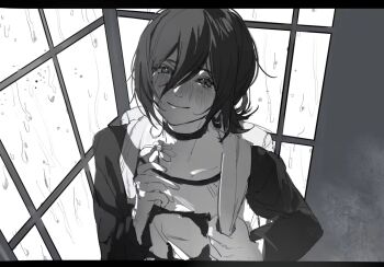 1girl backpack bag blush chainsaw_man choker collarbone flower gerbera grenade_pin greyscale hair_between_eyes highres holding holding_flower long_hair_between_eyes looking_at_viewer monochrome pov raglan_sleeves rain reze_(chainsaw_man) scene_reference shi_xu_jiu_zhou smile solo two-tone_shirt upper_body