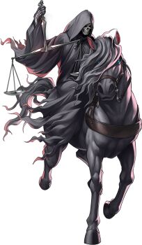 1boy artist_request balance_scale black_horse black_rider_(megami_tensei) black_robe blue_eyes demon_(megami_tensei) gauntlets highres holding_scale hooded_robe horse horseback_riding official_art persona persona_5 persona_5:_the_phantom_x riding robe shin_megami_tensei skull third-party_source transparent_background weighing_scale