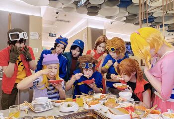 Rule 34 | belt, cosplay, cosplay photo, daimon masaru (digimon savers), daimon masaru (digimon savers) (cosplay), digimon, goggles, goggles on head, hat, highres, jacket, kanbara takuya, kanbara takuya (cosplay), kimura kouichi, kimura kouichi (cosplay), long hair, looking at another, matsuda takato, matsuda takato (cosplay), minamoto kouji, minamoto kouji (cosplay), open mouth, orimoto izumi, orimoto izumi (cosplay), photo (medium), real life, short hair, smile, suzaki airu, suzaki airu (cosplay), tachikawa mimi, tachikawa mimi (cosplay), y11110302, yagami taichi, yagami taichi (cosplay)