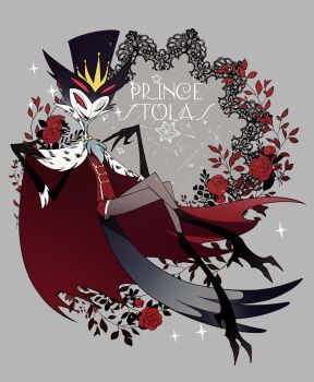 1boy ama0805 black_hat cape character_name colored_sclera crossed_legs flower full_body grey_background hands_up hat hellaverse helluva_boss highres jacket male_focus one_eye_closed open_mouth owl_boy red_cape red_flower red_jacket red_rose red_sclera rose smile solo sparkle stolas_(helluva_boss) two-sided_cape two-sided_fabric