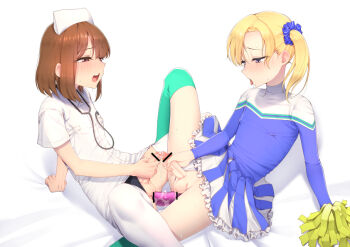 2boys anal anal_object_insertion bar_censor blonde_hair blush brown_hair censored cheerleader clothing_aside commission covered_erect_nipples crossdressing crossdressing_(mtf) dildo double_dildo dress erection foreskin frilled_skirt frills green_thighhighs hokuro_ryuuseigun long_sleeves male_focus male_masturbation male_penetrated masturbation multiple_boys nurse object_insertion original panties panties_aside penis penis_size_difference penises_touching phimosis pixiv_commission pleated_skirt pom_pom_(cheerleading) sex_toy shared_object_insertion short_hair short_sleeves shota sitting skirt spread_legs thighhighs trap trap_on_trap underwear white_thighhighs yaoi