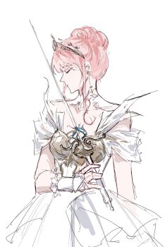 1girl absurdres armor bare_shoulders breastplate closed_eyes closed_mouth collar cowboy_shot detached_collar dream_(shiqian16349) dress earrings expressionless eyelashes frilled_arm_warmers gold_tiara hair_bun highres holding holding_sword holding_weapon infinity_nikki jewelry leotard melody_bloom_(infinity_nikki) nikki_(nikki) nikki_(series) pink_hair pleated_dress pointy_nose procreate_(medium) rapier see-through_clothes see-through_leotard short_hair short_sleeves sidelocks simple_background single_hair_bun sketch solo standing sword updo weapon white_arm_warmers white_background white_collar white_dress