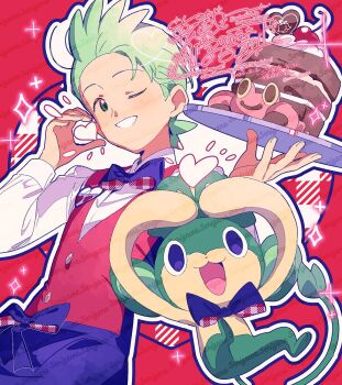 Rule 34 | 1boy, :3, :d, black bow, black bowtie, bow, bowtie, buttons, cilan (pokemon), collared shirt, cowboy shot, gen 5 pokemon, gingham background, gingham bowtie, green eyes, green hair, grin, heart, highres, long sleeves, looking at viewer, male focus, nintendo, one eye closed, open mouth, outline, pansage, pokemon, pokemon (creature), pokemon bw, red background, red vest, serizawa serizane, shirt, short hair, smile, sparkle, vest, white outline, white shirt