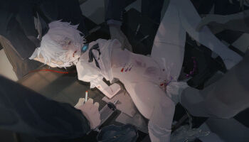 1girl 5boys absurdres anal_beads arms_behind_back bdsm blood bondage bound breasts burn_scar cigarette clitoris_piercing collar crying drugged drugs eyepatch female_focus fisting gloves hair_ribbon hetero highres indoors injury leash leg_grab molestation multiple_boys navel needle nipples original parted_lips peeing piercing pussy pussy_piercing rape ribbon ryona scar scared sex_toy short_hair slave tape tears thighhighs torso_grab uncensored underboob urethral_insertion white_eyes white_hair wide-eyed xueyao_0124