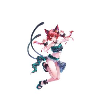 1girl alternate_costume animal_ear_fluff animal_ears ankle_cuffs bikini black_sandals bow braid cat_ears claw_pose closed_mouth collarbone criss-cross_halter frilled_bikini frills game_cg green_bikini hair_bow hair_ornament halterneck highres kaenbyou_rin long_sleeves multiple_tails nail_polish navel non-web_source official_art red_eyes red_hair red_nails sandals second-party_source skull_hair_ornament smile solo stomach swimsuit tail toenail_polish toenails touhou touhou_gensou_eclipse transparent_background twin_braids two_tails u_u_zan wrist_cuffs