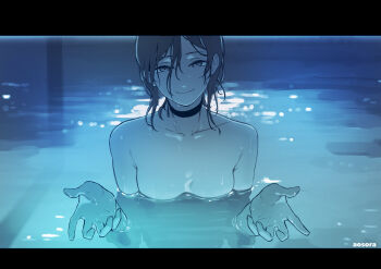 1girl aosora2823 artist_name black_choker black_hair breasts chainsaw_man choker closed_mouth collarbone commentary_request completely_nude highres letterboxed looking_at_viewer nude partially_submerged reze_(chainsaw_man) short_hair small_breasts smile wet wet_hair