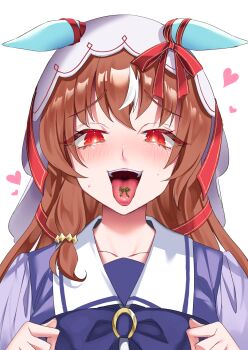 1girl animal_ears aroused blush bow bowtie cherry_stem_knot collarbone ear_ribbon ears_down furrowed_brow glowing hair_over_shoulder heart highres horse_ears horse_girl long_hair metaninjin multicolored_hair open_mouth purple_bow purple_bowtie red_eyes red_hair red_ribbon ribbon sailor_collar school_uniform simple_background solo still_in_love_(umamusume) sweatdrop tongue tongue_out tracen_school_uniform umamusume variant_set veil white_background white_hair white_sailor_collar white_veil yandere