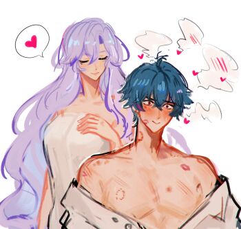 1boy 1girl assertive_female bite_mark bite_mark_on_chest bite_mark_on_neck bite_mark_on_shoulder blue_hair blush brant_(wuthering_waves) breasts cantarella_(wuthering_waves) chromatic_aberration closed_eyes closed_mouth collarbone commentary_request facial_mark hair_between_eyes heart hickey highres implied_after_sex jhenny345 large_breasts lipstick_mark lipstick_mark_on_chest lipstick_mark_on_face long_hair mark_under_eye mole mole_under_eye naked_towel off_shoulder purple_eyes purple_hair shirt short_hair simple_background smile spanish_commentary spoken_heart toned toned_male towel very_long_hair white_background white_shirt wuthering_waves