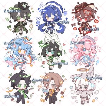 3boys 6+girls :d :o ;d absurdres ahoge animal_hat bag barefoot black-framed_eyewear black_cape black_coat black_eyes black_gloves black_hair black_hat black_ribbon black_shoes black_skirt blue_dress blue_eyes blue_flower blue_hair blue_shirt blue_shorts blue_socks blunt_bangs blush_stickers book bow bowtie braid brown_eyes brown_hair brown_hat brown_scarf brown_shoes brown_skirt brown_sweater butterfly_hat_ornament cane cape chibi chibi_only closed_mouth coat crossed_bangs cyano double-parted_bangs dress feathered_wings feathers flower frilled_dress frills full_body glasses gloves gradient_hair green_bow green_bowtie green_eyes green_necktie green_ribbon green_skirt grey_bow grey_jacket grey_socks grey_vest grid_background hair_between_eyes hair_bow hair_flower hair_ornament hairclip halo hand_up hat hat_ornament heart heart_hair_ornament heterochromia highres holding holding_book holding_cane holding_wand jacket key long_hair long_sleeves low_twintails low_wings maid_headdress monocle multicolored_hair multiple_boys multiple_girls mushroom neck_ribbon necktie one_eye_closed one_side_up open_clothes open_coat open_mouth orange_eyes original pants parted_bangs pink_hair pleated_skirt pocket_watch purple_hat rabbit_hair_ornament rabbit_hat red_eyes ribbon sample_watermark scarf see-through_clothes see-through_dress semi-rimless_eyewear shirt shoes short_hair short_sleeves shorts shoulder_bag skirt sleeves_past_fingers sleeves_past_wrists smile socks standing star_(symbol) striped_clothes striped_scarf sweater thick_eyebrows thigh_strap traditional_halo twin_braids twintails two-tone_hair two-tone_scarf under-rim_eyewear unicorn_horn very_long_hair vest wand watch watermark white_background white_hair white_hat white_pants white_shoes white_socks white_wings wings wrist_cuffs x_hair_ornament yellow_eyes yellow_halo yellow_scarf