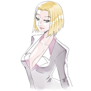Rule 34 | 1girl, aquiline nose, black jacket, blonde hair, breasts, brown eyes, cleavage, commentary request, contrapposto, hunter x hunter, jacket, large breasts, medium hair, nose, pakunoda, portuguese commentary, smile, solo, upper body, wanderjegson