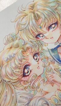 2girls bishoujo_senshi_sailor_moon blonde_hair blue_eyes blue_sailor_collar collarbone curly_hair dress highres jewelry lips long_hair multiple_girls necklace parted_bangs pearl_necklace princess_serenity sailor_collar sailor_uranus short_hair ten&#039;ou_haruka traditional_media tsukino_usagi very_long_hair white_dress yuki_(yyy_tgzc)