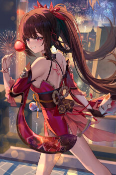 1girl absurdres aerial_fireworks back_tattoo backless_outfit bare_legs bare_shoulders blush brown_hair building candy_apple cityscape detached_sleeves dongyue_sakura evening fireworks food from_side gloves grin hair_ribbon hand_up highres holding holding_candy_apple holding_food holding_mask honkai:_star_rail honkai_(series) japanese_clothes kimono long_hair looking_at_viewer looking_back mask mole mole_under_eye nail_polish night outdoors pink_eyes pink_nails red_kimono red_ribbon revision ribbon single_glove skyscraper smile solo sparkle_(honkai:_star_rail) standing tattoo twintails very_long_hair walking