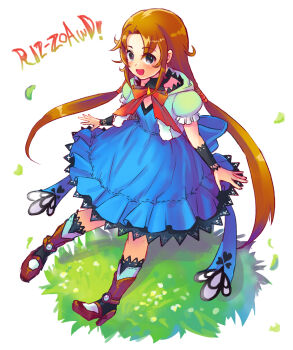 Rule 34 | 1girl, blue dress, boots, bow, bowtie, breasts, brown eyes, brown hair, cleavage, dorothy gale, dorothy gale (riz-zoawd), dress, female focus, grass, happy, high heels, hood, hoodie, jacket, leather, leather boots, long dress, long hair, medium breasts, open mouth, ribbon, riz-zoawd, smile, solo, solo focus, the wizard of oz, unigon (kitsutsuki)