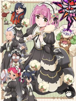 3boys 3girls absurdres amarys_(pokemon) black_dress black_hair blush brown_eyes carmine_(pokemon) closed_eyes closed_mouth colored_inner_hair crispin_(pokemon) crossdressing crossdressing_(mtf) crossed_bangs dark-skinned_female dark_skin drayton_(pokemon) dress duster frying_pan gen_5_pokemon glasses green_eyes hair_between_eyes hair_ornament hairclip highres holding holding_duster holding_teapot holding_tray kieran_(pokemon) lacey_(fall_2025)_(pokemon) lacey_(pokemon) long_hair long_sleeves maid maid_headdress mole mole_under_eye multicolored_hair multiple_boys multiple_girls nintendo official_alternate_costume open_mouth pink_hair pokemoa pokemon pokemon_masters_ex pokemon_sv purple_hair red_eyes red_hair short_hair sinistcha smile streaked_hair tea teapot teeth terastallization tray two-tone_hair upper_teeth_only whimsicott white_hair yellow_eyes