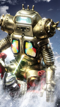 1boy 1other absurdres aircraft artist_name cloud commentary_request day giant giant_monster glowing highres joints kaiju king_joe laser love894anon mecha no_humans ocean outdoors photo_background robot robot_joints science_fiction sky splashing tokusatsu ultra_beam ultra_guard ultra_series ultraseven ultraseven_(series) water yellow_eyes