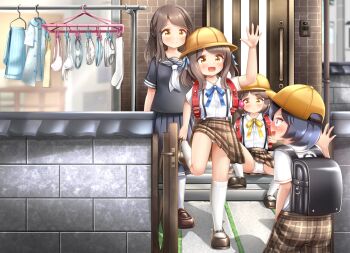 1boy 3girls backpack bag black_hair black_shirt black_shoes black_skirt blue_eyes blue_panties blue_pants blue_ribbon blush bow_print bra brick_wall brown_eyes brown_hair brown_shoes brown_shorts brown_skirt camisole clothes_hanger clothesline crime_prevention_buzzer door doorbell embarrassed gate hair_ribbon hat house kneehighs loli long_hair mary_janes multiple_girls neck_ribbon neckerchief open_mouth original pajamas panties pants plaid_clothes plaid_shorts plaid_skirt print_panties print_shirt putting_on_footwear randoseru renati_(renatium) ribbon school_hat shirt shoes short_hair short_sleeves shorts shota sitting skirt smile socks spread_legs stairs standing standing_on_one_leg striped_bra striped_camisole striped_clothes striped_panties striped_pants striped_ribbon surprised sweat twintails underwear unworn_bra unworn_camisole unworn_panties unworn_pants unworn_shirt unworn_socks waving white_bra white_neckerchief white_panties white_shirt white_socks yellow_camisole yellow_hat yellow_ribbon