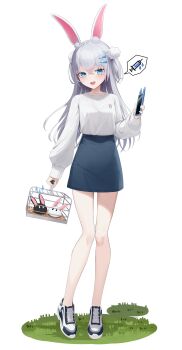 Rule 34 | 1girl, absurdres, animal ear fluff, animal ears, blue eyes, blue skirt, cage, commentary, full body, grass, hair ornament, highres, holding, holding cage, holding phone, long hair, open mouth, phone, pom pom (clothes), pom pom hair ornament, rabbit ears, rabbit girl, shirousa mikumi, shirt, shoes, skirt, smile, star (symbol), star in eye, symbol-only commentary, symbol in eye, vaughnilla, vols, white shirt