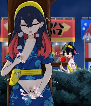 1boy 1girl bag bar_censor bite_mark bite_mark_on_neck blue_shirt blue_shorts breath bush candy_apple carmine_(pokemon) censored closed_eyes clothes_pull collarbone commentary_request fanny_pack female_masturbation female_pubic_hair festival_jinbei fingering food hair_between_eyes hairband highres kieran_(pokemon) long_hair masturbation multicolored_hair night nintendo nipples one_breast_out open_mouth outdoors pokemon pokemon_scarlet_and_violet pubic_hair public_indecency public_masturbation shirt shorts shorts_pull simesaba_(xwdt4337) sky stealth_masturbation sweat tree two-tone_hair vaginal yellow_bag yellow_hairband zipper_pull_tab