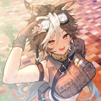 1girl animal_ears arm_strap breast_pocket breasts brown_eyes brown_gloves brown_hair buttons commentary english_commentary eyewear_on_head fingerless_gloves gloves highres horse_ears horse_girl horse_tail indie_virtual_youtuber multicolored_hair nezmi_0x0 open_mouth pocket solo star_(symbol) tail tomoe_umari tomoe_umari_(umari_3.0) two-tone_hair virtual_youtuber white_hair