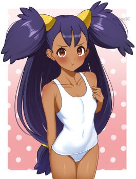 1girl :t alternate_costume black_hair blush border brown_eyes closed_mouth collarbone commentary_request covered_navel cowboy_shot dark-skinned_female dark_skin eyelashes hand_up highres iris_(pokemon) long_hair looking_at_viewer low-tied_long_hair nintendo one-piece_swimsuit outside_border pokemon pokemon_bw pout solo surippa1010 swimsuit two_side_up watermark white_border white_one-piece_swimsuit
