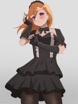 1girl absurdres amano_lier black_dress black_gloves black_hairband black_pantyhose blush breasts cleavage commentary dress elbow_gloves flipped_bangs frilled_dress frilled_hairband frills gloves grey_background hairband highres long_hair looking_at_viewer love_live! love_live!_superstar!! medium_breasts orange_hair pantyhose parted_lips partially_fingerless_gloves puffy_short_sleeves puffy_sleeves purple_eyes shibuya_kanon short_sleeves simple_background solo standing