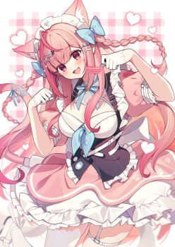 1girl ahoge animal_ears animal_print badge bell belt black_corset blue_bow blue_ribbon blush bow braid breasts button_badge cat_ears cat_girl cat_hair_ornament cat_print cat_tail cleavage commentary corset dress fang frilled_corset frills garter_straps gloves hair_bow hair_ornament hairclip hashtag-only_commentary heart heart_print highres homaderi indie_virtual_youtuber jingle_bell large_breasts long_hair looking_at_viewer maid maid_headdress neck_bell neck_ribbon open_mouth paw_pose paw_print pink_background pink_dress pink_eyes pink_hair pink_tail plaid_background ribbon shoes short_sleeves single_garter_strap single_thighhigh smile solo star_(symbol) star_hair_ornament suspenders tail tail_ornament tail_ribbon thigh_belt thigh_strap thighhighs thighs two_side_up virtual_youtuber white_background white_belt white_dress white_garter_straps white_gloves white_shoes white_thighhighs yuuki_sakuna yuuki_sakuna_(3rd_costume)