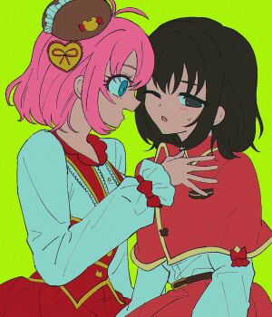 2girls amauri_miruki antenna_hair black_eyes black_hair blue_eyes brown_hat capelet collared_shirt commentary dual_persona hair_ornament hat heart heart_hair_ornament highres long_sleeves looking_at_another mini_hat multiple_girls one_eye_closed open_mouth pink_hair pretty_series profile red_capelet red_skirt shirt short_hair skirt smile sweatdrop symbol-only_commentary waccha_primagi! white_shirt z12341231556