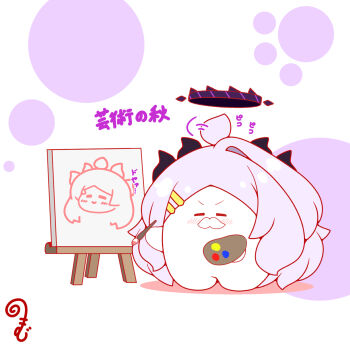 Rule 34 | afterimage, ahoge, ahoge wag, blue archive, blush, canvas (object), chibi, closed eyes, colored shadow, commentary request, easel, expressive hair, facing viewer, fake facial hair, fake mustache, grey hair, hair ornament, hairclip, halo, highres, hina (blue archive), holding, holding paintbrush, horns, kurukurumagical, paint palette, paintbrush, parted bangs, shadow, single hair intake, solo, translation request, v-shaped eyebrows, white background