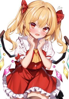 1girl alternate_hairstyle ascot back_bow black_shoes black_thighhighs blonde_hair blush bow clenched_hands commentary_request corrupted_twitter_file cowboy_shot crystal_wings embarrassed fang flandre_scarlet flying_sweatdrops frilled_shirt_collar frilled_skirt frills hair_between_eyes hair_ribbon hands_up highres long_hair looking_at_viewer no_headwear open_mouth pointy_ears puffy_short_sleeves puffy_sleeves red_bow red_eyes red_ribbon red_skirt red_vest ribbon shirotsuki_shirone shirt shoes short_sleeves simple_background skin_fang skirt sleeve_ribbon socks solo standing standing_on_one_leg thighhighs touhou two_side_up vest white_background white_shirt white_socks wings yellow_ascot