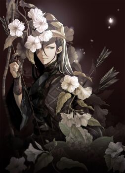 1boy absurdres bow bow_(weapon) closed_mouth flower grey_eyes grey_hair hair_between_eyes hat highres japanese_clothes long_hair male_focus na_(sodium) one_eye_covered original solo upper_body warrior weapon white_flower