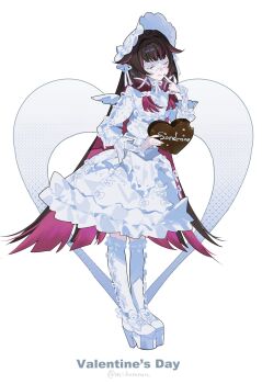 Rule 34 | 1girl, black hair, bonnet, boots, character name, closed eyes, columbina (genshin impact), commentary request, dress, eye mask, finger to mouth, food, food bite, full body, genshin impact, heart, highres, holding, holding food, kneehighs, long hair, mask, mikuroron, multicolored hair, over-kneehighs, platform shoes, purple hair, shoes, socks, solo, thighhighs, valentine, white background, white bonnet, white boots, white dress