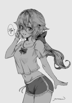 1girl blush bow breasts collarbone commentary crop_top double-parted_bangs eiyuu_densetsu embarrassed english_commentary english_text floating_hair greyscale hair_between_eyes hair_bow highres jeffraeson long_hair looking_at_viewer monochrome navel sen_no_kiseki_(series) short_sleeves shorts signature simple_background small_breasts smile solo speech_bubble towa_herschel upper_body white_background