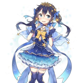 1girl aqua_eyes blue_dress blue_gloves blue_hair blue_thighhighs bow bowtie crescent crescent_earrings dress earrings frilled_dress frills gloves gold_tiara hair_ornament jewelry long_hair necklace off-shoulder_dress off_shoulder rena_(uchihime) star_(symbol) star_earrings star_hair_ornament tearing_up thighhighs twintails uchi_no_hime-sama_ga_ichiban_kawaii yellow_bow yellow_bowtie