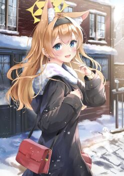 1girl aizawa_(aizawatsu) animal_ear_fluff animal_ears bag black_coat black_hairband blue_archive blue_eyes blush building cat_ears coat commentary_request cowboy_shot earrings extra_ears hairband halo highres jewelry long_hair long_sleeves looking_at_viewer mari_(blue_archive) open_mouth orange_hair outdoors red_bag shoulder_bag smile snow snowing snowman solo yellow_halo