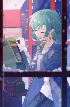 1girl aqua_hair bang_dream! blush chinese_commentary closed_eyes coat commentary_request grey_coat highres hikawa_hina medium_hair open_mouth phone_booth snow solo sweater talking_on_phone toumeiii white_sweater