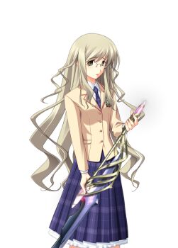 1girl bare_legs blazer breasts brown_jacket chaos;head collared_shirt curly_hair d-sword dress_shirt game_cg glasses green_eyes green_hair hair_ornament hairpin holding holding_sword holding_weapon jacket kusunoki_yua long_hair long_sidelocks long_skirt looking_at_viewer matsuo_yukihiro miniskirt necktie non-web_source official_art open_mouth petticoat plaid_clothes plaid_necktie plaid_skirt purple_necktie round_eyewear school_uniform science_adventure shirt sidelocks skirt small_breasts solo sprite suimei_academy_school_uniform sword transparent_background very_long_hair weapon white_shirt winter_uniform worried