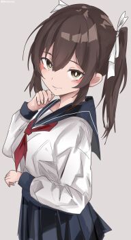 1girl alternate_costume black_hair black_sailor_collar black_skirt brown_eyes commentary_request cowboy_shot grey_background highres kantai_collection long_hair long_sleeves miron_(mirona33) neckerchief pleated_skirt red_neckerchief sailor_collar sailor_shirt school_uniform serafuku shirt simple_background skirt solo tone_(kancolle) twintails white_shirt