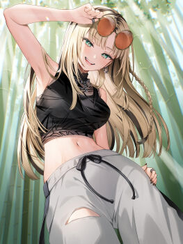 1girl :d absurdres adjusting_eyewear arm_up armpits black_hair black_shirt black_tank_top blonde_hair blunt_ends braid breasts curtained_hair day eyewear_on_head green_eyes grey_pants halter_shirt halterneck highres hololive hololive_dev_is jewelry koganei_niko large_breasts long_hair looking_at_viewer midriff multicolored_hair navel necklace open_mouth orange-tinted_eyewear outdoors pants parted_hair round_eyewear runlan_0329 see-through_clothes see-through_shirt shirt side_braid sleeveless sleeveless_shirt slit_pupils smile solo streaked_hair sunglasses sweatpants tank_top teeth tinted_eyewear torn_clothes torn_pants upper_teeth_only virtual_youtuber