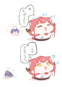 Rule 34 | 2girls, :d, ?, ahoge, animal ears, aru (blue archive), black hat, blue archive, cat ears, cat tail, chibi, chibi only, closed eyes, commentary request, demon girl, demon horns, haruka (blue archive), hat, heart, highres, holding, horns, looking at another, looking up, multiple girls, open mouth, purple hair, red hair, red ribbon, ribbon, smile, speech bubble, tail, tissue, translation request, unable to sneeze, urode, yellow eyes